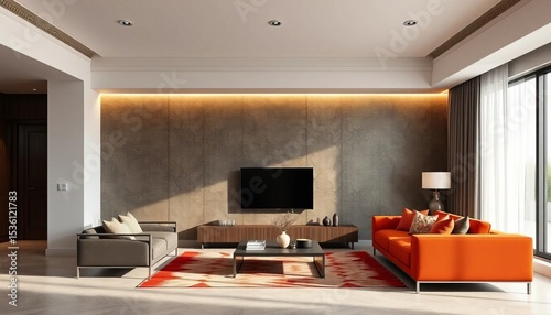 Sleek modern living room, textured background wall, stylish decor,  apartment,  grey