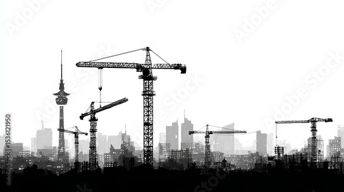 black silhouette of tower cranes over white skyline background