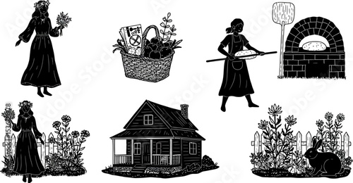 Vector silhouette illustration of people, a family in a house, and a couple with a dog in a winter sketch design