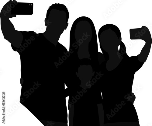Silhouette family selfie group photo taking picture with phone friends together black and white isolated editable stock vector illustration