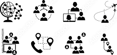 Global network connection communication teamwork business travel icons vector illustration set design editable stock vector illustration