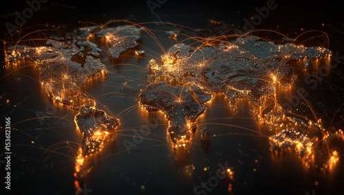 Glowing World Map With Network Connections, Illustrating Global Communication and Digital Transformation for Business Expansion and International Partnership : Generative AI