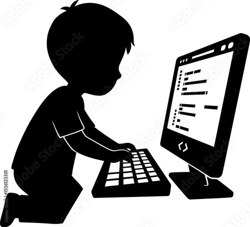 Young developer coding on computer illustration for kids learning programming and software development editable stock vector illustration