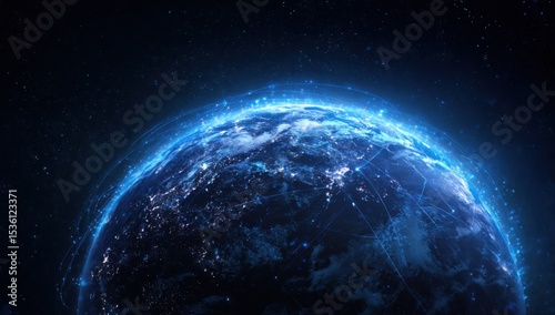 Earth From Space With Glowing Network Connections, Illustrating Global Communication and Technological Advancement for Digital Transformation and Connectivity : Generative AI