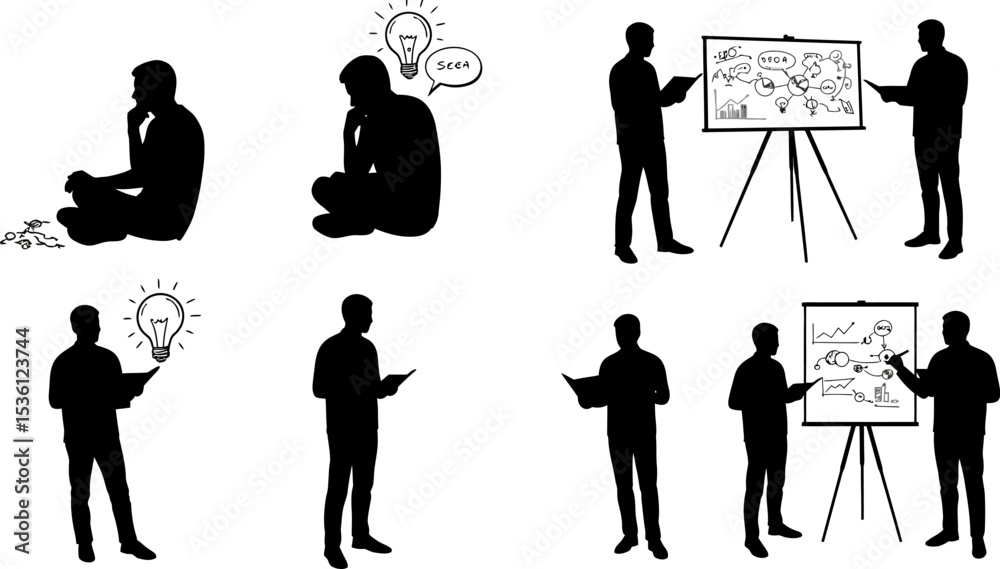 Obraz premium Business presentation idea brainstorming and planning silhouette vector illustration set design editable stock vector illustration