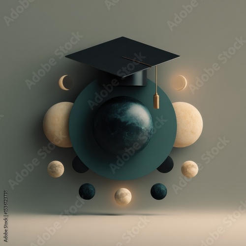 Graduation Cap With Spheres Against Neutral Backdrop, Symbolizing Academic Achievement and Lifelong Learning, Ideal for Education and Graduation Announcements : Generative AI