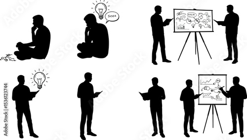 Business presentation idea brainstorming and planning silhouette vector illustration set design editable stock vector illustration
