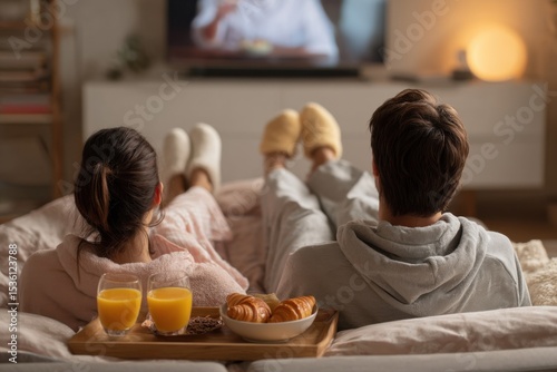 Couple Relaxing in Bed Watching TV With Breakfast, Representing Leisure and Relationship Goals, Perfect for Home Lifestyle and Wellness Campaigns : Generative AI photo