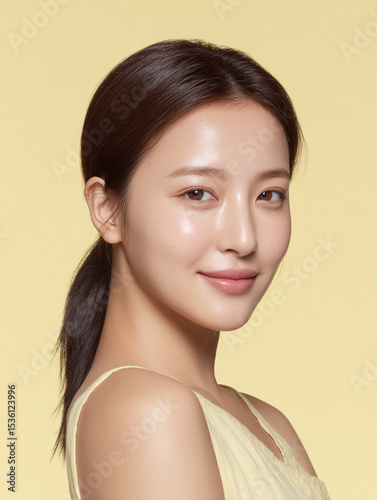 Korean AI Beauty Model on Yellow Background, Cosmetic Portrait of Korean Woman in Yellow, Korean Female Skincare Stock Photo, Yellow Backdrop Beauty Shot of Asian AI Model, K-Beauty AI Model in Yellow