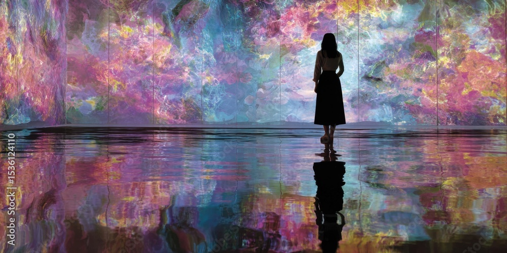 Obraz premium Woman Standing Before Colorful Abstract Wall With Reflection, Representing Digital Art and Contemplation, Ideal for Visual Communication and Modern Design : Generative AI