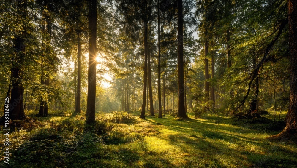 Naklejka premium Sunlit Forest With Tall Trees and Green Grass, Evoking Tranquility and Natural Beauty for Wellness Retreats and Outdoor Adventure Campaigns : Generative AI