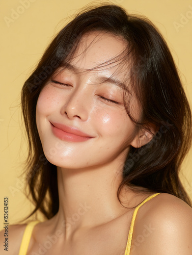 Korean AI Beauty Model on Yellow Background, Cosmetic Portrait of Korean Woman in Yellow, Korean Female Skincare Stock Photo, Yellow Backdrop Beauty Shot of Asian AI Model, K-Beauty AI Model in Yellow