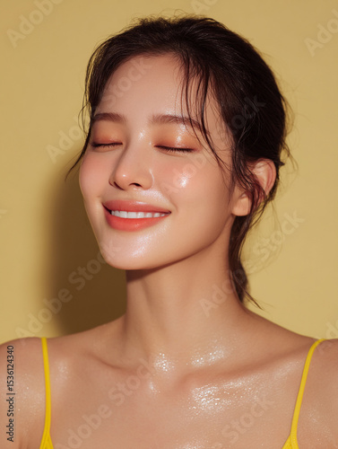 Korean AI Beauty Model on Yellow Background, Cosmetic Portrait of Korean Woman in Yellow, Korean Female Skincare Stock Photo, Yellow Backdrop Beauty Shot of Asian AI Model, K-Beauty AI Model in Yellow