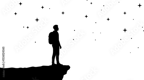 Silhouette man backpacker cliff edge looking stars night sky adventure inspiration motivation concept art editable stock vector illustration