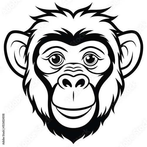 A stylized black and white monkey face looks forward with a smile present in its expression