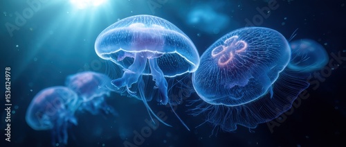 Glowing Jellyfish Floating in Deep Blue Sea, Symbolizing Underwater Exploration and Marine Conservation Efforts : Generative AI