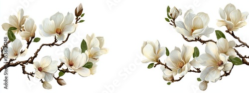 Elegant White Magnolia Blossoms on Branches, Ideal for Wedding Invitations and Springtime Greetings, Symbolizing Beauty and New Beginnings : Generative AI