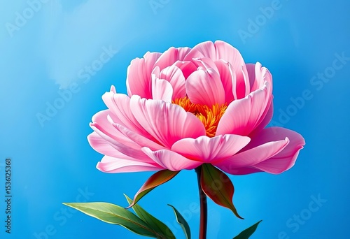 Vibrant pink peony blossom against a serene blue canvas, oil paint texture, pink, soft