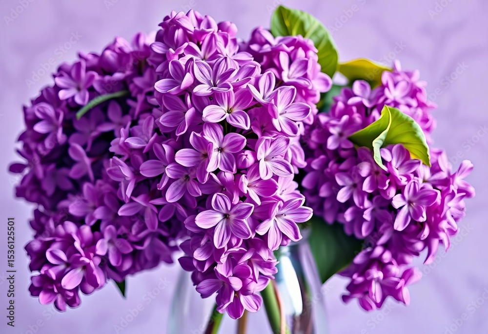 Vibrant purple lilac bouquet in a clear glass vase, oil painting style, details, macro Vibrant purple lilac bouquet in a clear glass vase, oil painting style, details, macro