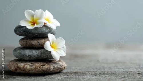 Zen Stones Stacked With Frangipani Flowers, Symbolizing Wellness and Mindfulness Practice for Stress Reduction and Mental Clarity : Generative AI