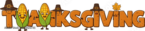 Thanksgiving cartoon illustration with corn and pilgrim hats for holiday celebration and festive season editable stock vector illustration