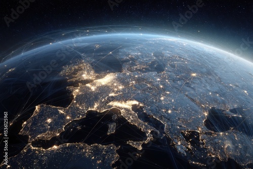 Earth From Space at Night Showing Europe, Representing Global Connectivity and International Business Network, Perfect for Technology and Communication Solutions : Generative AI