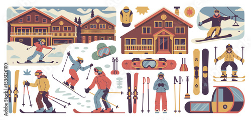 Ski Resort Winter Vacation Illustration with People Skiing