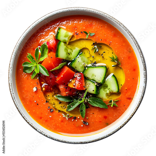 Cold gazpacho soup with chopped cucumber tomato and bell pepper garnished with fresh herbs served in bowl isolated on transparent background