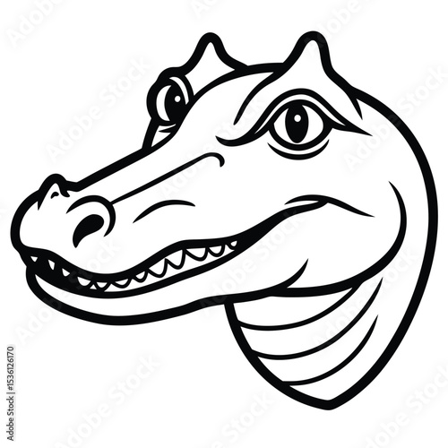 Detailed monochrome drawing shows a crocodile head, presenting intricate lines and menacing features