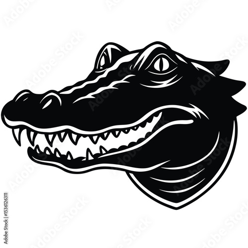 A fierce black and white alligator head displays sharp teeth in profile illustration