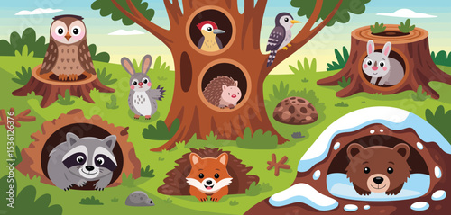 Adorable Woodland Animals in Their Habitats Illustration