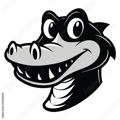 Cartoon gator head, drawn with grayscale shading, displays a friendly smile prominently