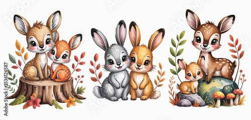 Adorable Watercolor Forest Animals Set Deer and Rabbits