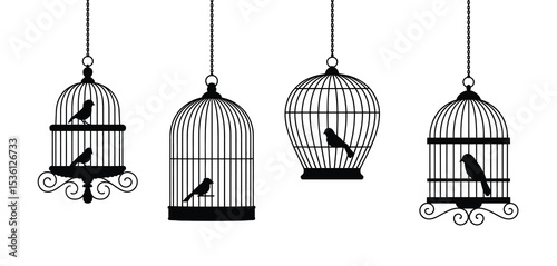 Four Elegant Black Birdcages with Birds Hanging Silhouettes