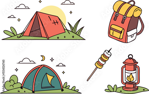 Camping and Outdoor Adventure Icons illustration collection. Colorful Camping and Outdoor Adventure Icons design set. Camping and Outdoor Adventure Icons icons and elements