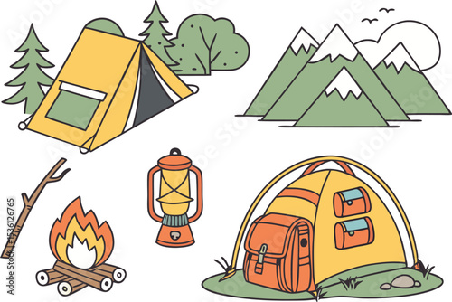 Camping and Outdoor Adventure Icons illustration collection. Colorful Camping and Outdoor Adventure Icons design set. Camping and Outdoor Adventure Icons icons and elements