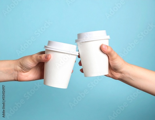Two hands toasting white takeaway coffee cups on a clean light blue background. Minimalist mockup for branding or packaging presentation.