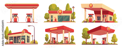 Six Retro Gas Station Illustrations with Pumps and Canopies