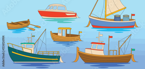 Collection of Various Boats and Ships on Calm Water