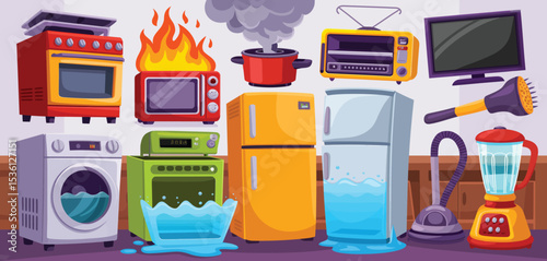 Household Appliance Malfunctions and Repairs Cartoon Illustration