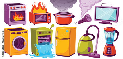 Household Appliances Malfunctions and Repairs Cartoon Illustration