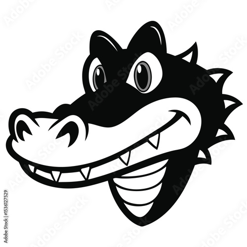 Cartoonstyle black alligator head shows its toothy grin, creating a bold, simple design