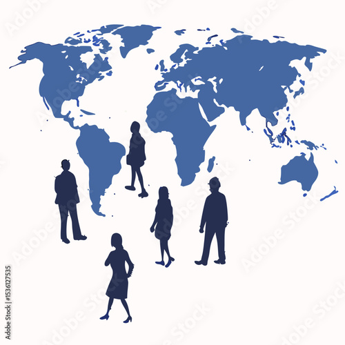 Blue Silhouettes of People on World Map Background