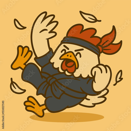 A funky cartoon chicken rolls on the ground in a defensive kung fu move, with feathers flying. It wears a dark blue kung fu belt, adding to its energetic and cute style.