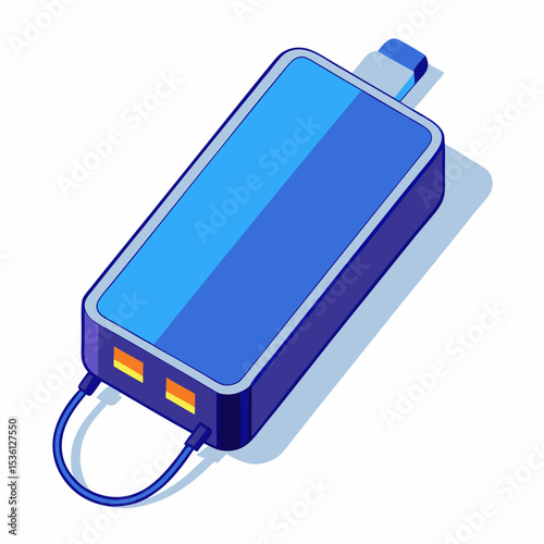 Blue Portable Power Bank Charger with Cable on White Background