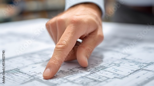 Hand pointing at detailed architectural blueprint
