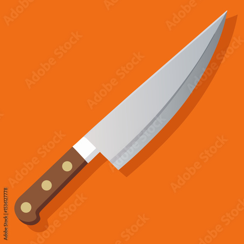 Large Silver Kitchen Knife Brown Handle Orange Background