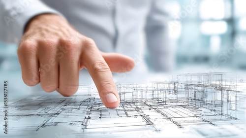 Hand pointing at architectural blueprint with 3D model overlay