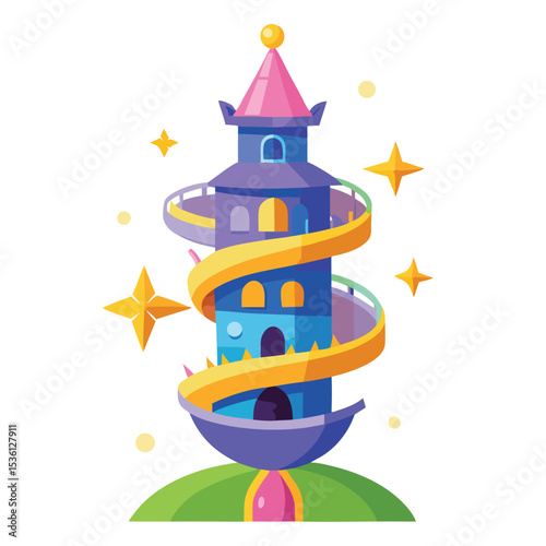 Decorative Spiral Tower of Flowers with Star-Shaped Hanging Banners and Layered Balconies in a Festive, Fairytale-Inspired Vector Composition