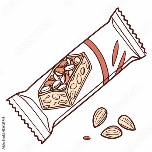 Nut Granola Bar in Packaging with Almonds on White Background